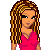 Pixel art of a female character with long brown braided hair wearing a pink top, shown in multiple views including full body and legs.