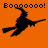 Animated orange background with black witch silhouette on broomstick, text 'Boooooo!' above each frame.