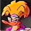 Pixelated 64x64 static buddy icon featuring a cartoon character with spiky yellow hair, pink clothing, and an open mouth showing teeth against dark background.
