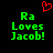 Green pixelated text 'Ra Loves Jacob!' on black background with red heart symbol above text.