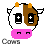 Pixel art image with cow characters, hearts, and text promoting animal rights.