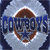 Static pixelated icon featuring a brown circular shape with blue text and star elements on a light gray background.
