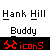 Pixel art buddy icon with repeating character, yellow-roofed buildings, and speech bubbles showing text variations like "HI" and "HANK HILL".