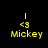 Four identical pixelated yellow 'Mickey' text icons with blue bars above or below, each featuring a small '<3' symbol and vertical line on black background.