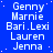 Blue background with white text listing names in repeated vertical , some characters have diacritics