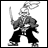 Pixelated grayscale image of a rabbit-like character in a dynamic pose holding a sword, with text reading "Anime IM" and "COM" on a black background.