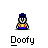 Pixel art character in blue cap and red-yellow vest with speech bubbles reading OFFICER, DOOFY, REPORTING, FOR DUTY! on gray background.