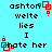 Pixelated text on cyan background with red square outlines; repeated phrases 'ashton welte lies I hate her' in black block letters, animated red squares move across the image.