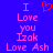 Blue background with pink text reading "I Love you Izok Love Ash" and a red pixelated heart symbol above the text.