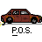 A 4x3 contact sheet of a brown sedan animation with yellow exhaust effects, each frame labeled "P.O.S." below the car.