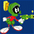 Pixelated green cartoon character with red accents holding a yellow weapon-like object against blue background.