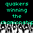 Pixelated green text on black background reads "quakers winning the championship" with a crowd of raised hands below.