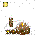 Pixelated winter scene with snow-covered house, chimney, and glowing windows against gray background with falling snow.