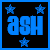 Blue pixelated text 'ash' on black background with blue stars, two variations showing star positions changing.