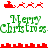 Pixelated holiday-themed animation with red sleighs, reindeer, and green text on white background