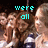 A pixelated image of a group of people with cyan text reading 'were all so happy to wait in line' overlaid on top.