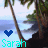 Pixelated beach scene with palm trees and ocean, featuring a heart symbol above the name 'Sarah' in varying colors.