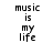 Pixelated text reads "music is my life" in four identical arranged in a on a white background