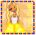Pixelated cartoon girl with long blonde hair in white top and yellow skirt, standing against beige background with vertical text.