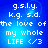 Blue background with white pixelated text reading 'g.s.l.y. k.g. s.d. the love of my whole LIFE <3' in four identical