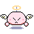 Pixel art of a pink round character with wings and halo, showing two expressions with subtle pose changes.