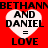 Red background with four white heart shapes containing black text reading "AND DANIEL = LOVE" and repeated "BETHANN" at top.