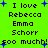 Green background with black text reading "I love Rebecca Emma Schorr soo muchh!" surrounded by blue plus signs.