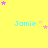 Yellow background with blue text 'Jamie' and scattered pink and orange stars in a pattern