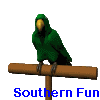Green parrot with yellow beak perched on brown wooden post, displaying multiple animated poses with wing and head movements.