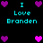 Pixel art icon with cyan text 'I Love Branden' and purple/pink hearts on black background, featuring animated heart color changes.