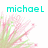 Pixelated floral design with pink and green elements, featuring cyan text labels above each section.