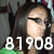A pixelated image of a person with long dark hair wearing glasses and a green top, with large white numbers '81908' overlaid at the bottom left.
