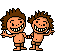 Two pixelated figures with brown hair and orange skin stand side-by-side in multiple poses against a gray background.