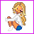 Pixel art buddy icon featuring a blonde cartoon girl in white top and blue shorts with text "blondes have more fun" on the right side, framed by purple border.
