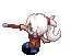 Pixel art character with white hair and blue eyes holding a brown staff, wearing brown clothing with red accents and black-and-blue footwear against gray background.