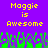 Purple background with yellow pixelated text reading "Maggie is Awesome" repeated twice, green pixelated grass-like shapes at the bottom.