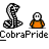Animated contact sheet of 14 frames showing a pixel art cobra and orange-shirted character with changing poses, expressions, and speech bubbles over gray background.