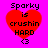 Red heart-shaped icon with black text "Sparky is crushin HARD" and a winking face emoticon on bright pink background.