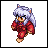 Pixel art character with white hair and cat ears in red clothing, shown in four sequential poses against a gray background.