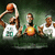 Animated sequence of basketball players in white jerseys with green accents, one holding a basketball above his head against a dark green background.