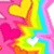 Pixelated static image with vibrant pink background, multiple heart shapes in yellow, white, and magenta, and a rainbow gradient transitioning through orange, green, blue, and cyan.
