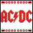 A 48x48 pixel animated contact sheet of AC/DC logo frames with red text on white background, showing subtle frame-to-frame variations in the lightning bolt and lettering.