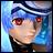 Pixelated anime-style character with blue hair and red eyes on left, black background with white text on right.
