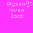 Pixelated text on bright pink background: 'Alyssa' with heart symbol, 'loves', 'Zac!!!' in two identical side-by-side arrangements.