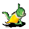 Green cartoon creature with yellow cape and white collar in six sequential poses showing head turning left to right.