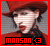 A 2-frame animated contact sheet showing a pixelated character with red hair and a red hat, wearing a dark outfit against a gray background, with "MANSON" text and heart symbol at the bottom.