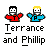 Pixel art of two figures in red and blue shirts with 'Terrance and Phillip' text below, showing animation changes in green accents and head positions across frames.