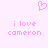 A static pixel art icon with a pink heart symbol above text reading 'i love cameron' in lowercase, displayed twice on a light purple background.