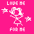 Pixel art icon with pink background showing a stick figure girl, stars, and text "LOVE ME FOR ME" in white and black pixelated letters.