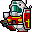 Pixelated character in red and white armor with green helmet, holding a shield bearing yellow cross; four variations show different arm positions.